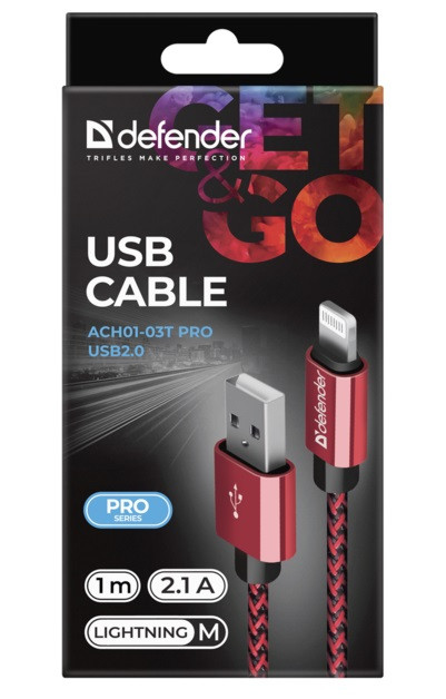 Кабель Defender ACH01-03T Pro USB2.0 AM-LightningM 1м Red (87807)