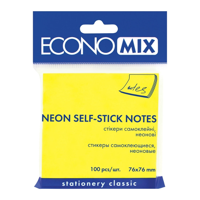Папір для нотаток з липким шаром EconoMix 75х75мм 100аркушів неон жовтий E20944-05