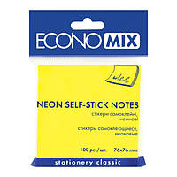 Папір для нотаток з липким шаром EconoMix 75х75мм 100аркушів неон жовтий E20944-05