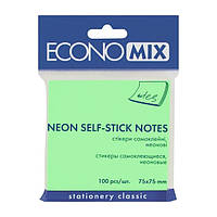 Папір для нотаток з липким шаром EconoMix 75х75мм 100аркушів неон салатовий E20944-13