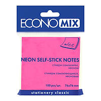 Папір для нотаток з липким шаром EconoMix 75х75мм 100аркушів неон рожевий Е20944-09