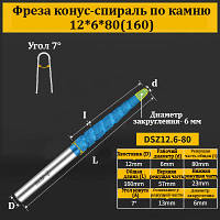 Фреза конус-спираль по камню 12*6*80(160) мм синяя