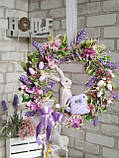 Віночок великодній з кроликами і лавандою, пасхальний вінок на двері, Д - 42-40 см, фото 3