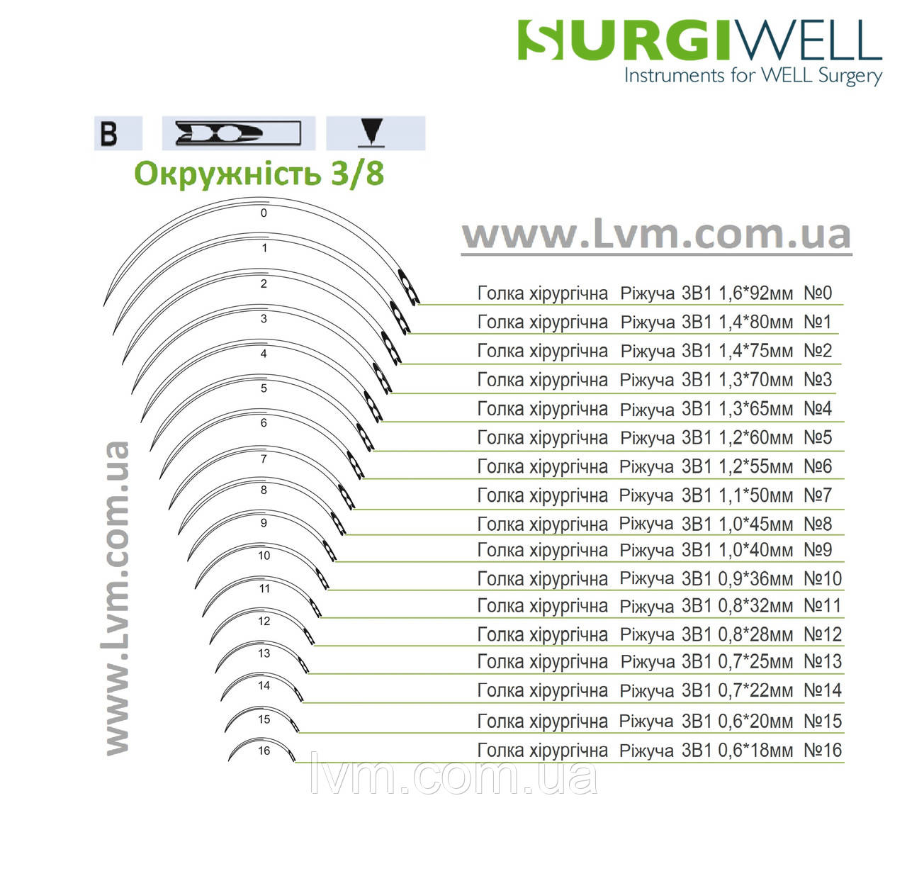Голка хірургічна Ріжуча 3В1 0,5*21мм Ob №3, окружніть 3/8 (уп/12шт)