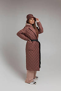 Жіноче стьобане пальто з кишенями та поясом 42-46 р Капучіно