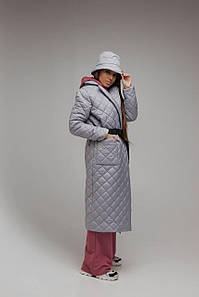 Жіноче стьобане пальто з кишенями та поясом 42-46 р Сірий