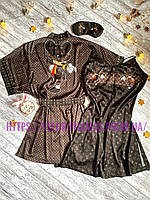 Комплект ночнушка и халат женский шелковый с принтом Mickey коричневый