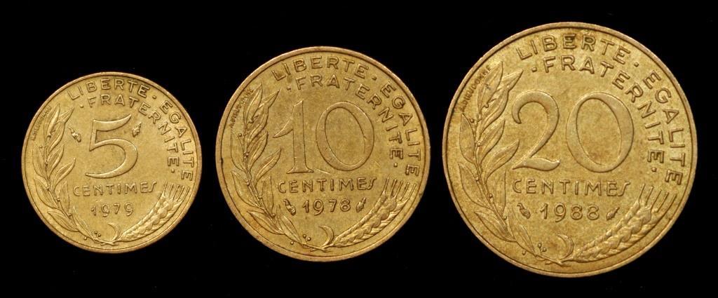 Набір монет Франції 5-20 сантімів 1978-1988 рр. (3 шт.), фото 1