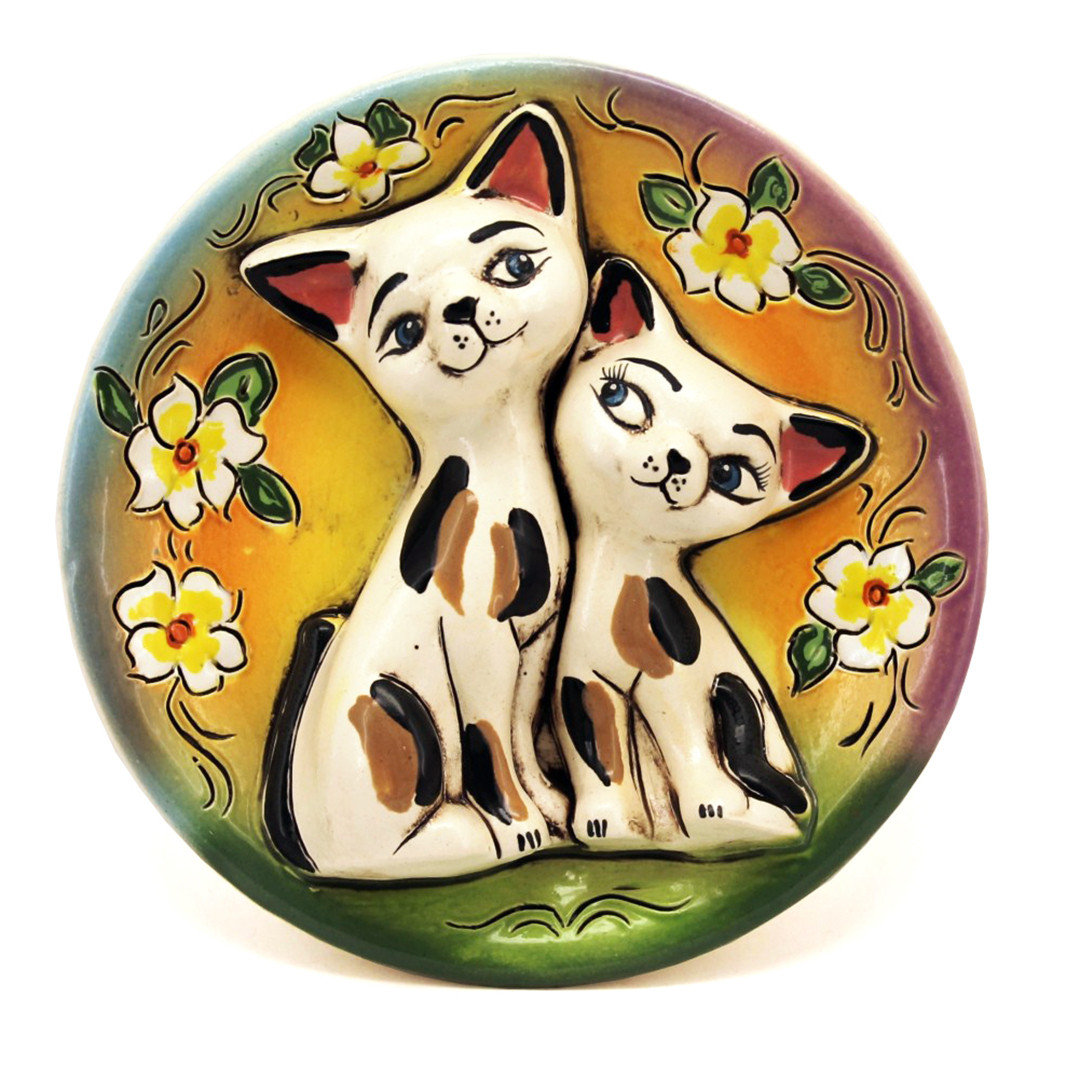 Декоративная настенная тарелка "Пара котов" 15 см глина, керамика - фото 1 - id-p1219691094