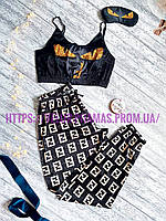 Пижама: штаны и топ женская шелковая с принтом Fendi черная
