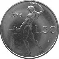 Бог огня Вулкан у наковальни. Монета 50 лир. 1946-2001 год, Италия. (Г)