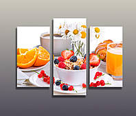 Картина модульна для кухні Апельсини, Фрукти, Цитрусові, Чашка соку, Яскравий колір 90х70см з 3-х частин