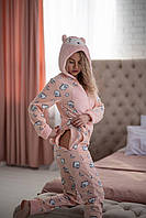 Жіноча тепла піжама кігурумі з кишенею, з овечками рожева , фліс