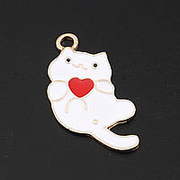 Подвеска Finding Кулон шарм кот кошка сердце Золотистый белая красная эмаль 30 мм x 15 мм