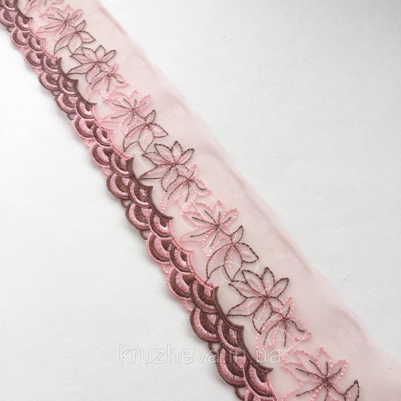 Ажурне мереживо, вишивка на сітці: рожева і коричнева нитка з рожевою сіткою, ширина 8 см