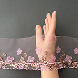 Ажурне мереживо, вишивка на сітці: рожева, коричнева, жовта нитка з рожевою сітці, ширина 11 см, фото 2