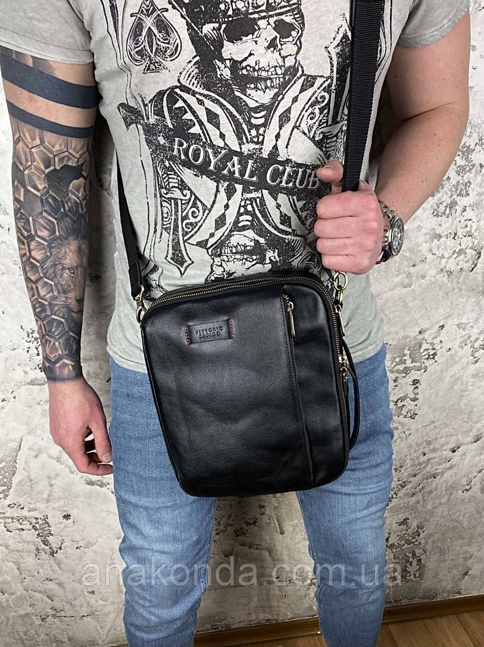 Вс52 Натуральна шкіра Сумка чоловіча через плече шкіряна Сумка чоловіча з натуральної шкіри чорна на ремені