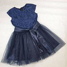 Дитяча сукня Ассоль з поясом синє. Розміри 140, 146.