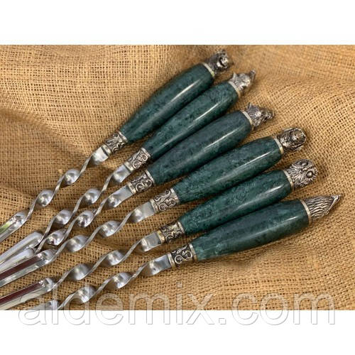 Набір шампурів "Дикі звірі" з мармуровою ручкою в шкіряному сагайді, фото 1