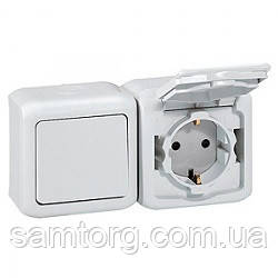 Вимикач + розетка із заземленням із кришкою IP44 Legrand Forix (Quteo) (білий) 782371, фото 1