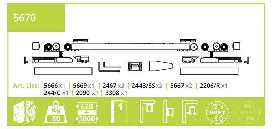 Розсувна система VILLES 5670 (врізна) для дверей 80 кг вбудований 2 дотягувач(Італія)