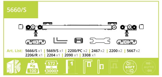 Розсувна система VILLES 5660/S для дверей 100кг + доводчик (подвійний) (Італія)