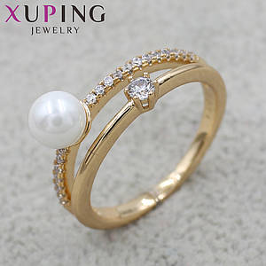Кольцо золотистого цвета тонкое двухслойное Xuping Jewelry с жемчугом в стразах медицинское золото 18K