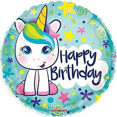 КТ027 КИТАЙ-КТ Коло 18" Happy Birthday - милий єдиноріг на м'ятному