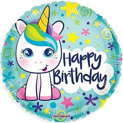 КТ027 КИТАЙ-КТ Коло 18" Happy Birthday - милий єдиноріг на м'ятному, фото 1