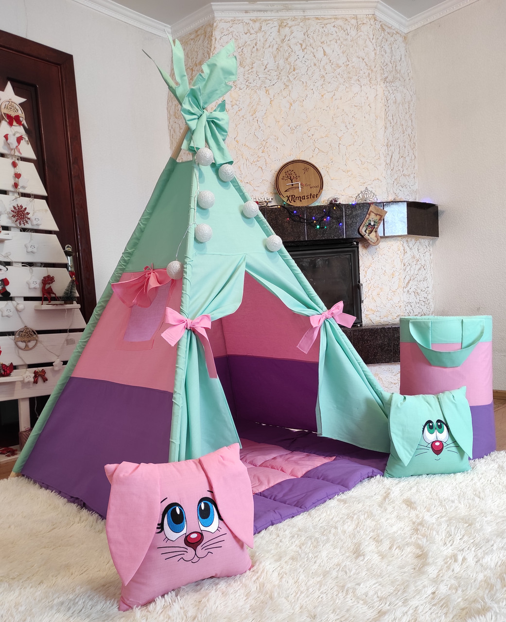 Вігвам Кольорові зайки + кошик для іграшок. Повний комплект!, фото 1