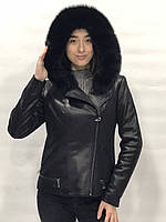 Куртка еко шкіра з хутром песця на капюшоні довжина 60 см 44р 46р колір чорний