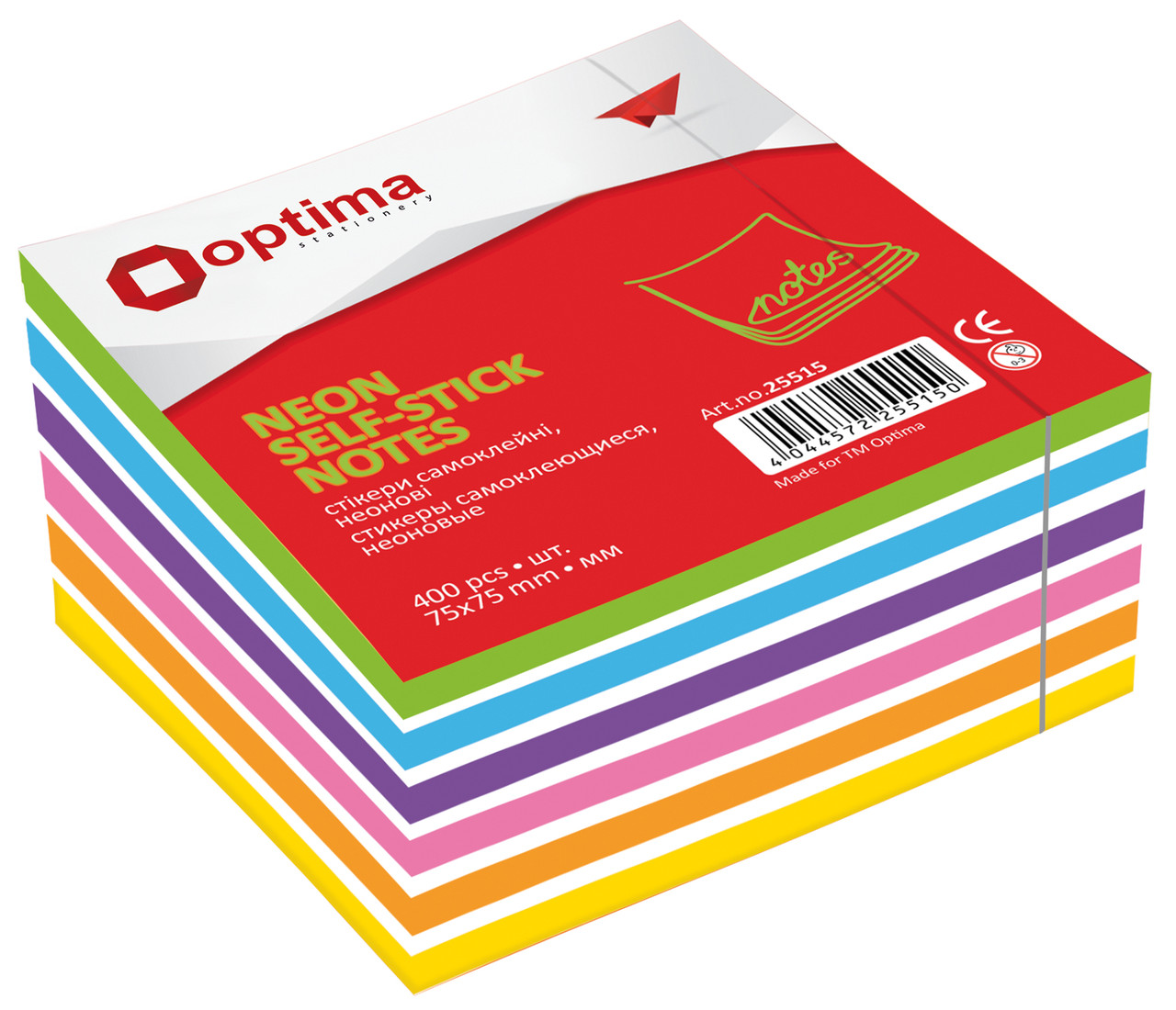 Блок для нотаток з клейким шаром 50х50 мм Optima O25517, 250 арк., неон мікс