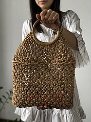 Стильна авоська з круглої бамбуковою ручкою коричневого кольору