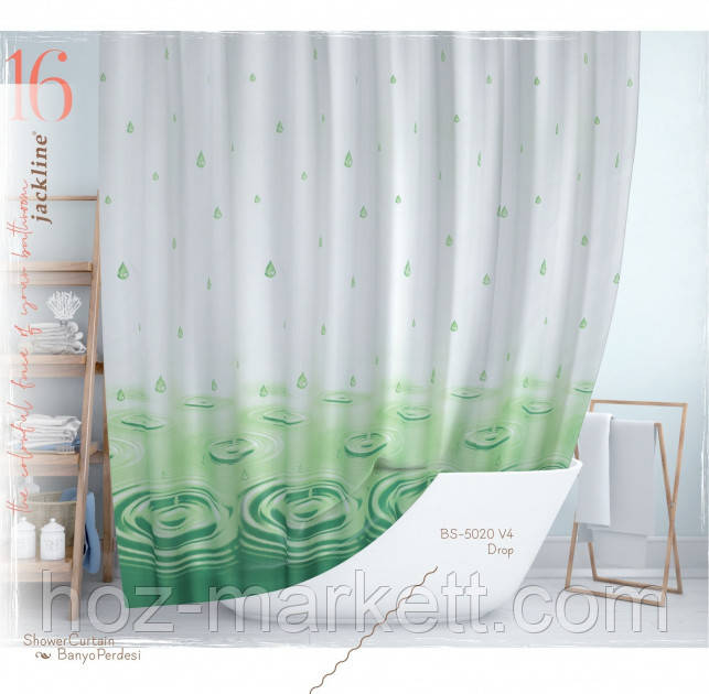 Тканинна шторка для душу Тропік 180 х 200 см Туреччина краплі зелена, фото 1