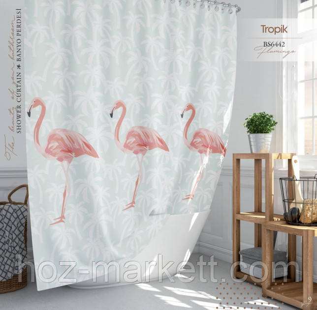 Тканинна шторка для душу Тропік 180 х 200 см Туреччина фламінго, фото 1