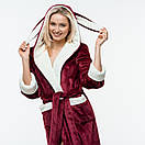 Жіночий махровий халат з капюшоном на запах з вушками+ махрові чобітки. Колір бордо + молочний, фото 10