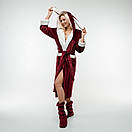 Жіночий махровий халат з капюшоном на запах з вушками+ махрові чобітки. Колір бордо + молочний, фото 5