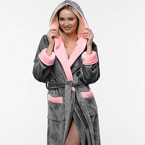 Домашній довгий махровий халат з капюшоном і махрові чобітки. Колір сірий рожевий