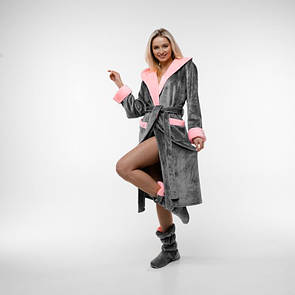 Банний халат з плюшевої махри довгий з накладними кишенями та чобітками. Колір сірий