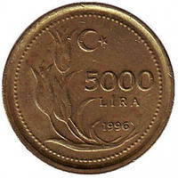 Монета 5000 лір. 1996,92,98 рік, Туреччина. (Г)