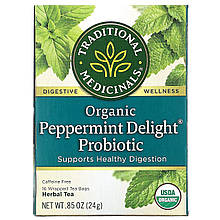 Перцева м'ята та пробіотики Traditional Medicaninals "Organic Peppermint Delight Probiotic" (16 пакетиків/24 г)