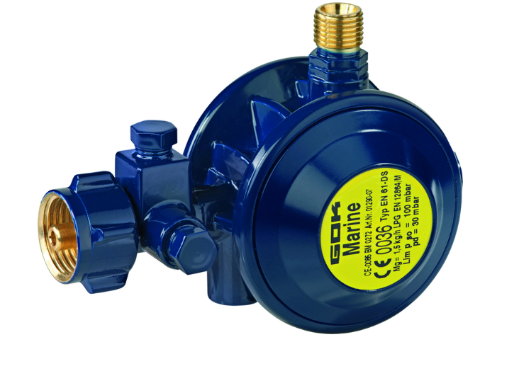 Газовий морський двух камерний регулятор з манометром 90* KLF G 1/4LH 30 mbar 1,5 кг/год, фото 1