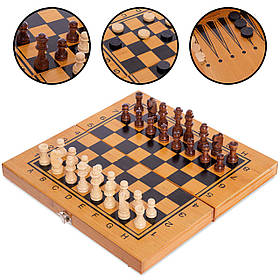 Шахи, шашки, нарди 3 в 1 бамбукові 341-161 (фігури-дерево, р-р дошки 30х30см)