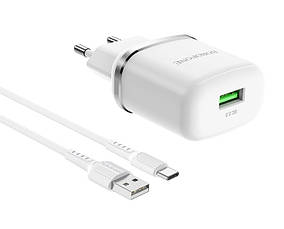 Зарядний пристрій (швидка зарядка) для телефону Borofone BA36A Quick Charge3.0 + кабель Type-C Білий, фото 4