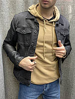 Мужская черная джинсовая куртка пиджак на пуговицах модная, Джинсовки оверсайз с кожаными рукавами Турция M