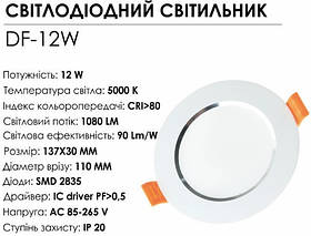 Світильник світлодіодний Biom DF-12W 12Вт білий круглий 5000К, фото 5