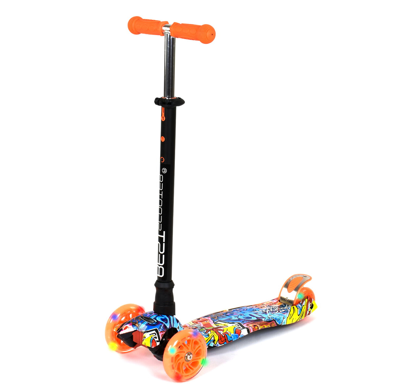 Самокат дитячих MAXI Best Scooter трикоохідний світлячий колеса Оранжевий з граффіті