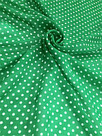 Шифон принт (ш.150 см) Белый горох на зеленом фоне для платьев, блузок, юбок, брюк.
