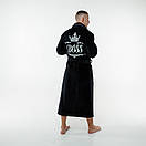 Чоловічий халат з індивідуальною вишивкою з коміром. Преміум махра велюр. Колір: чорний, фото 3