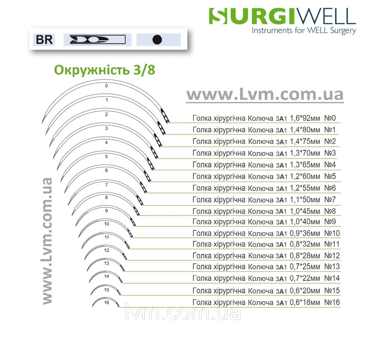 Голка уп/12шт 1,0*40мм BR №9 хірургічна Колюча, окружніть 3/8 ()